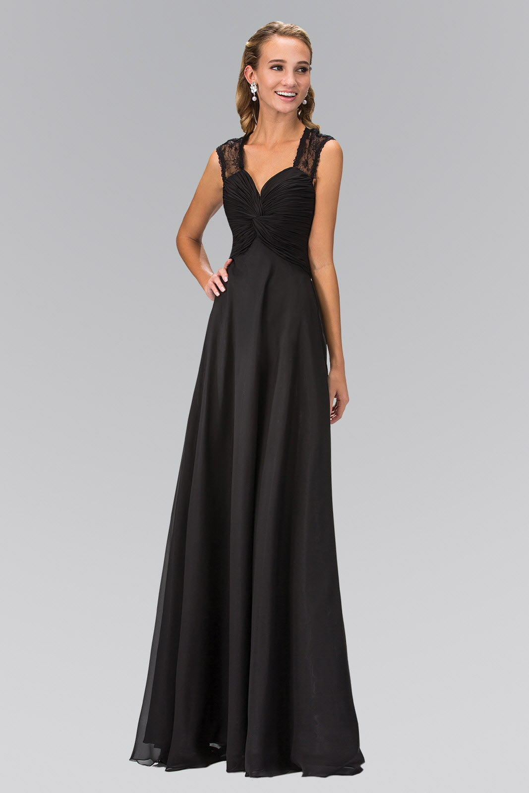 Empire Waist Long Dress with Ruched Bodice and Lace Back GL1376 Elizab   Abigail's Boutique & Alterations Corp