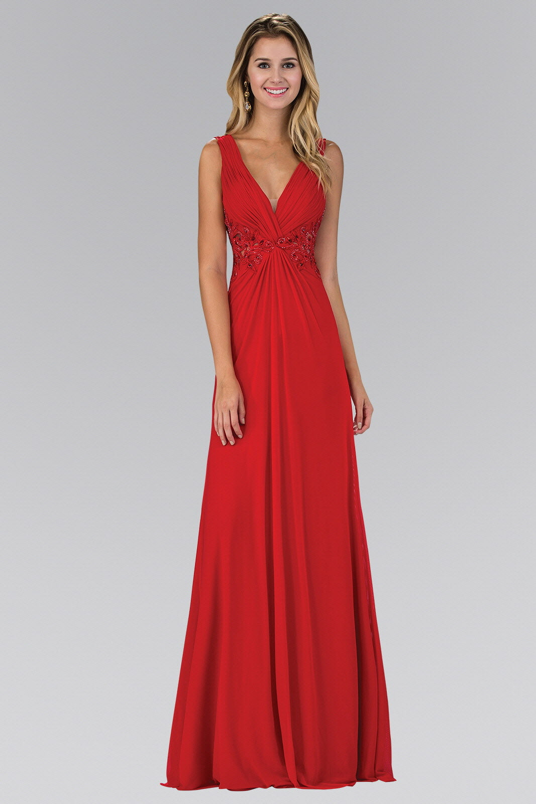 Empire Waist V-Neck Ruched Long Dress with Lace Back GL1377 Elizabeth –  Abigail's Boutique & Alterations Corp