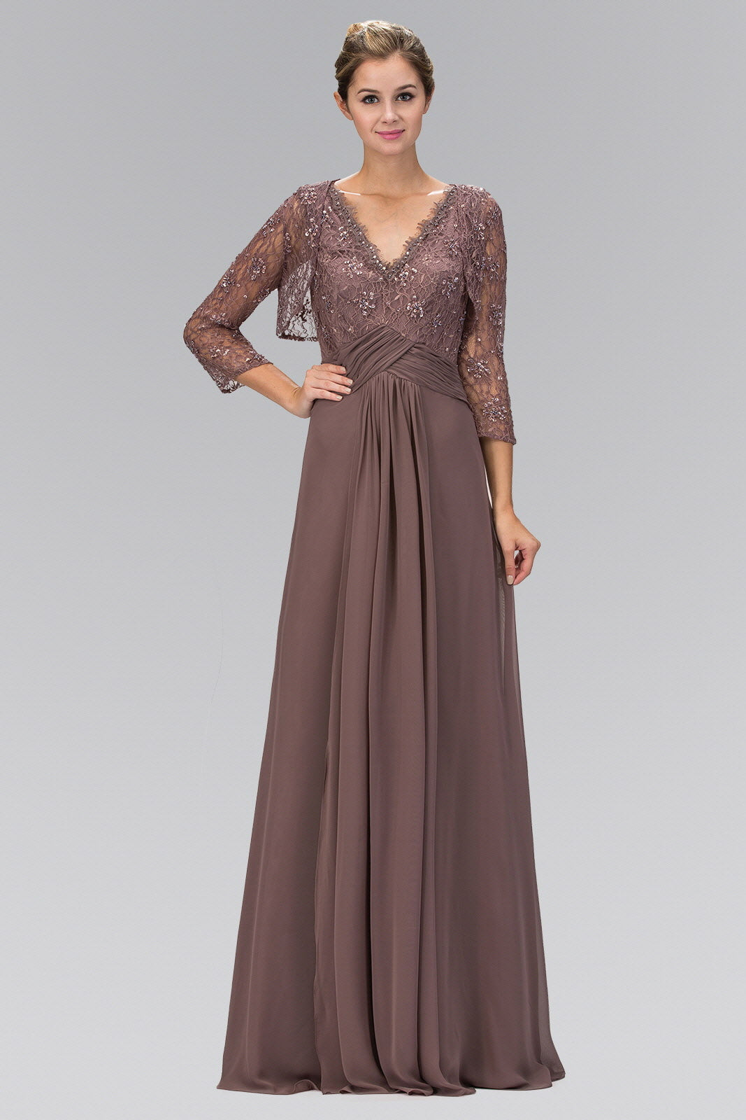 V-Neck Floor Length Dress with Long Sleeve Lace Bolero Cardigan GL1397 Elizabeth K NAVY / S