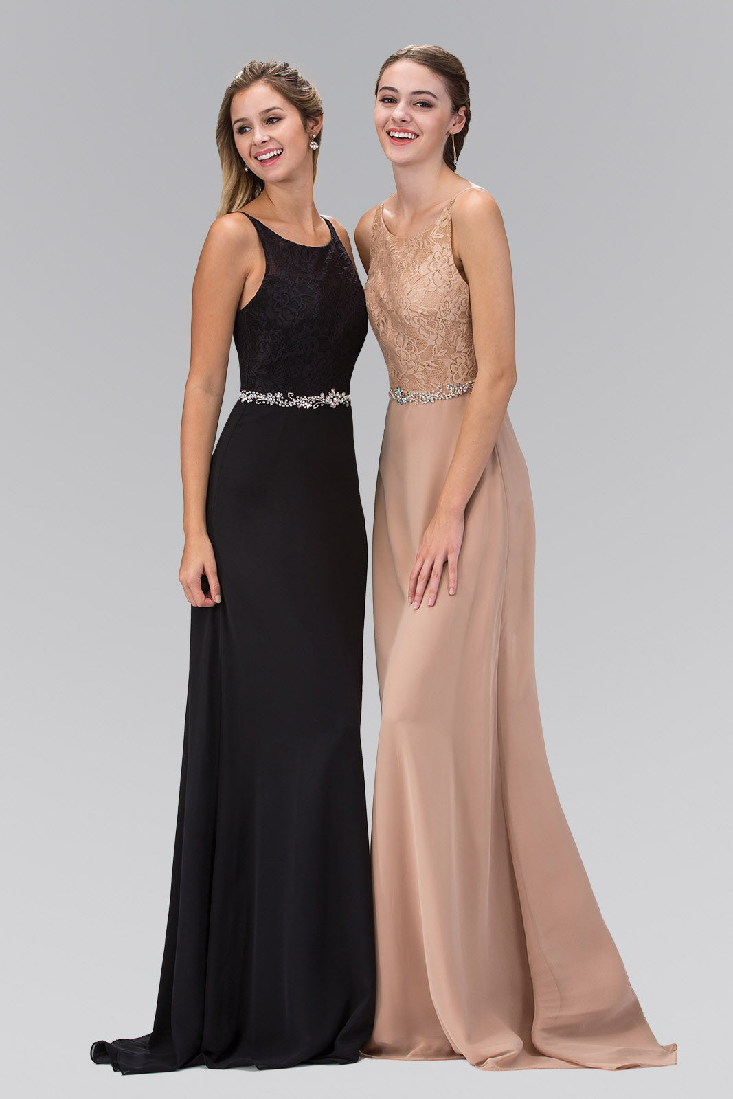 Chiffon Floor Length Dress Accented with Jewel Waistband GL2163 Elizabeth K TAN / 5XL