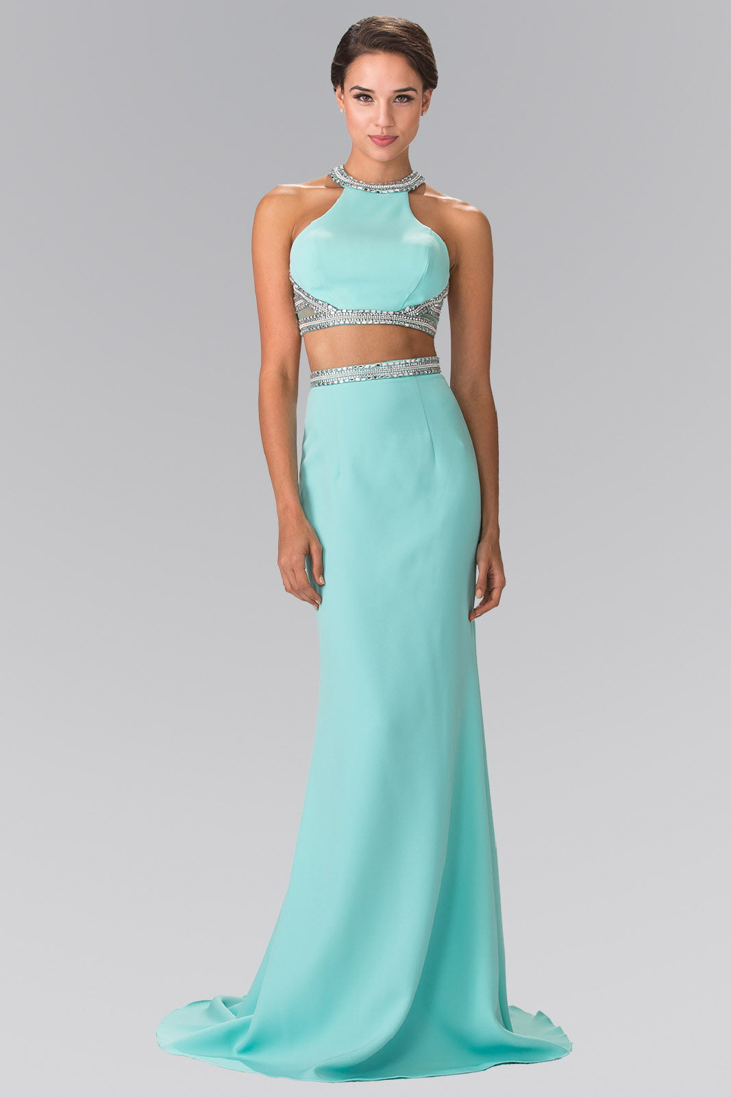High Neck Two-Piece Jersey Long Dress Accented with a Beaded Band Waistline GL2256 Elizabeth K TIFFANY / 5XL