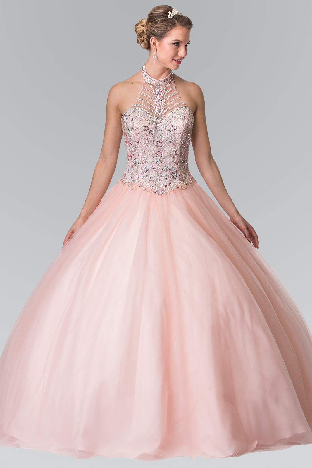 Sleeveless Halter Beaded-Top Quinceanera Dress GL2308 Elizabeth K BLUSH / XL