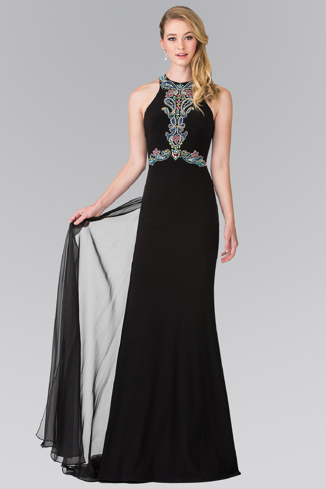 High Neck Beaded Top and Sheer Back Accented with Chiffon Tail GL2358 Elizabeth K ROYAL BLUE / 5XL