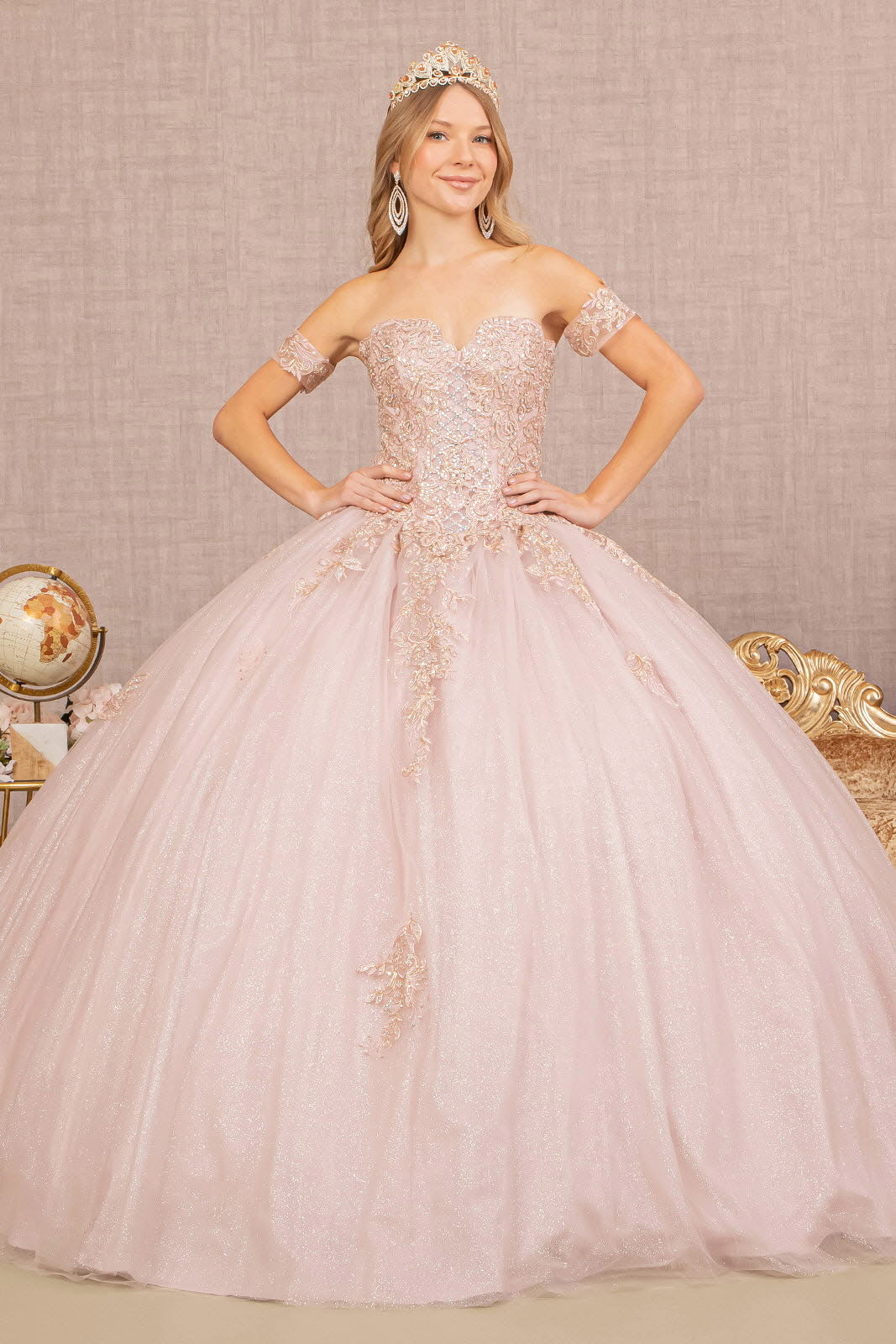Jewel Embellished Glitter Mesh Sweethearted Ball Gown GL2604 Elizabeth K CHAMPAGNE / L