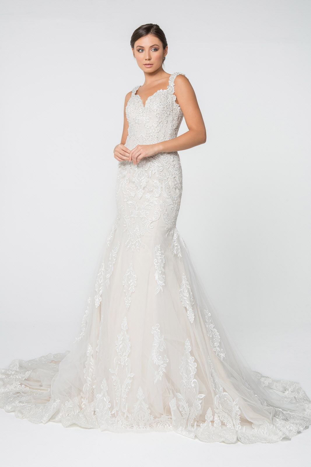 Lace and Jewel Embellished Mermaid Wedding Gown w/ Tail GL2819 GLS by Gloria IVORY/CHAMPAGNE / 5XL Lace and Jewel Embellished Mermaid Wedding Gown w/ Tail GL2819 GLS by Gloria IVORY/CHAMPAGNE / 5XL