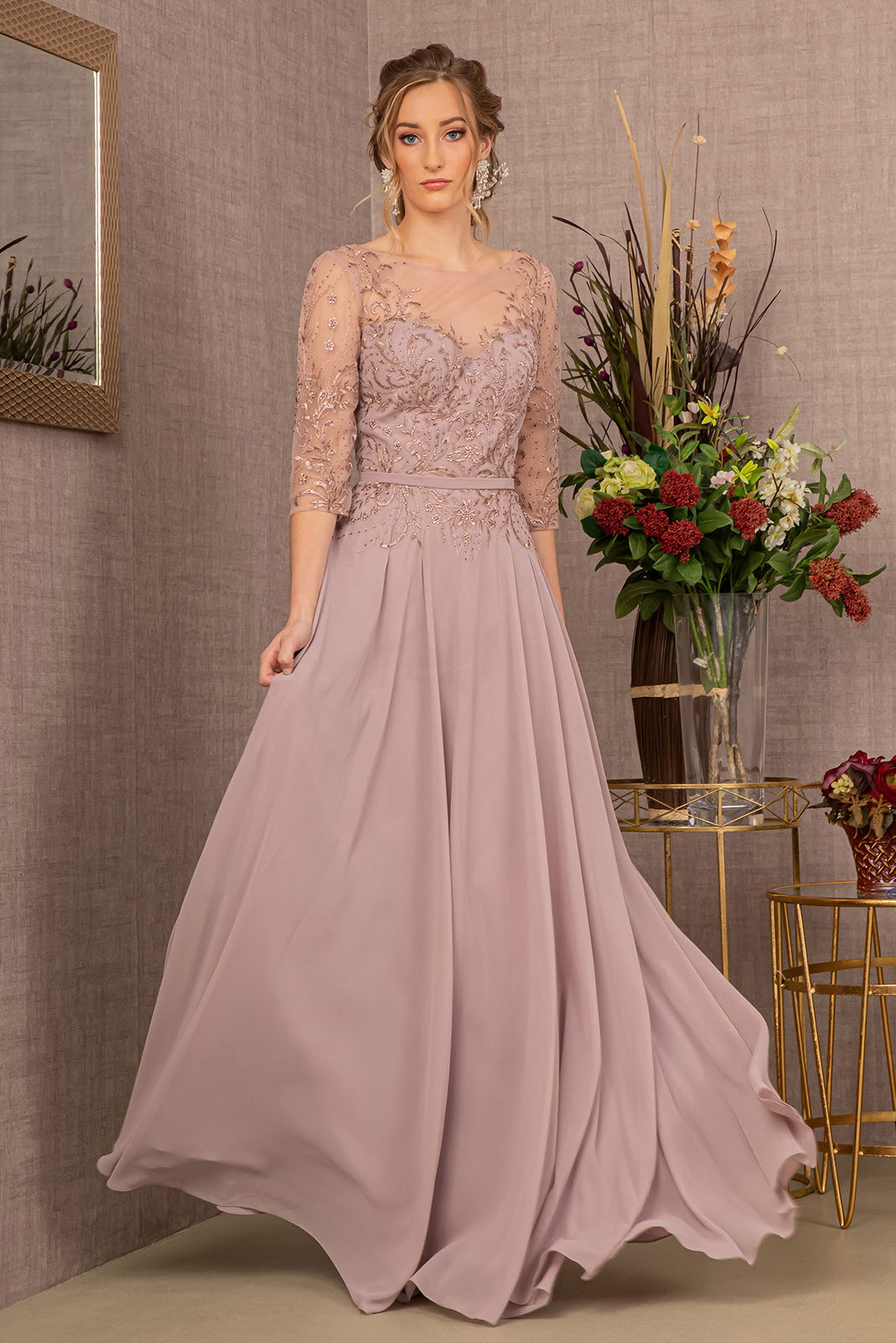 Elizabeth K GL3066 Embroidered Chiffon Dress Formal Dress Shops Silver / 3XL