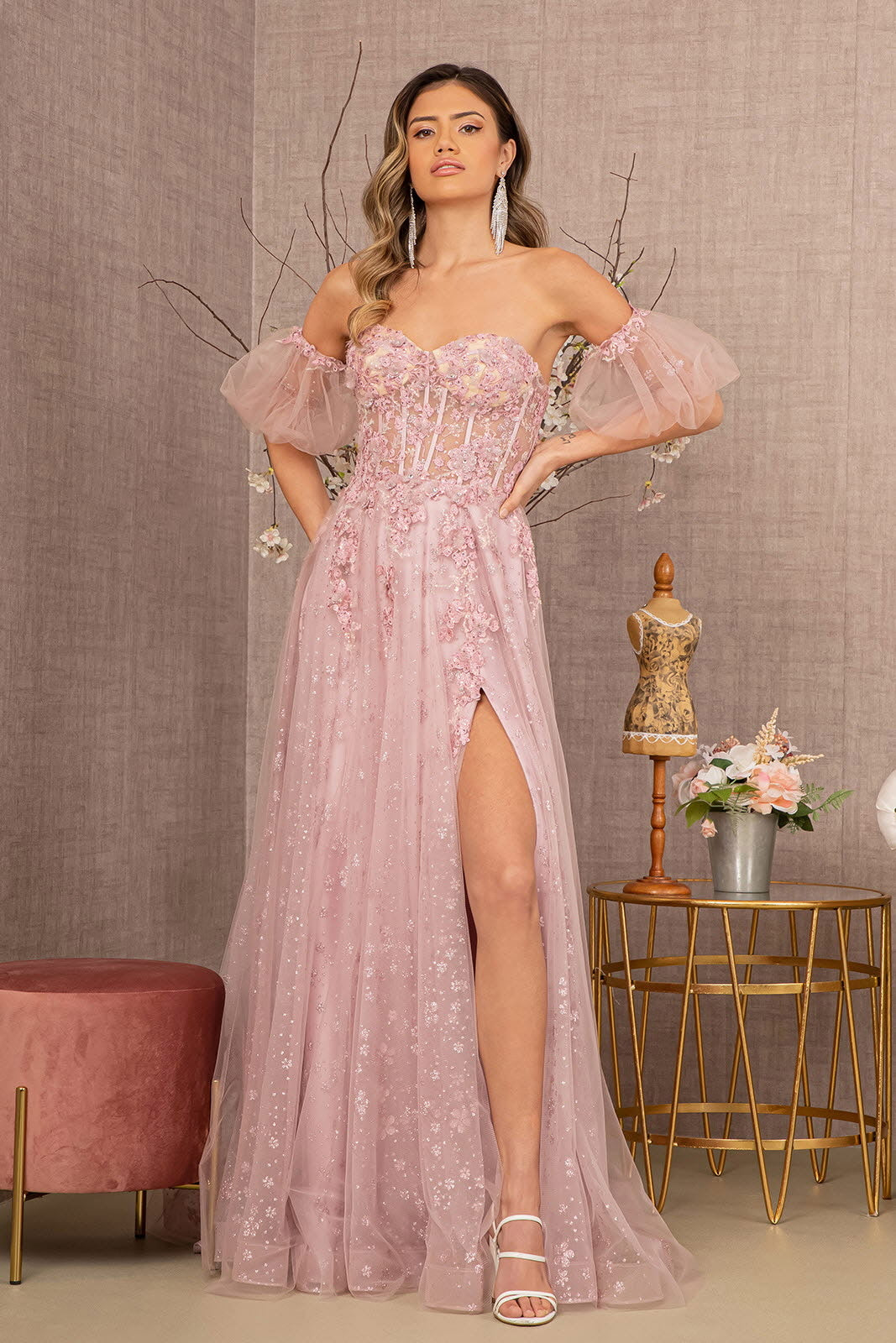 Strapless Sheer Bodice Mesh A-Line Dress w/ Detachable Short Mesh Sleeves GL3126 GLS by Gloria SMOKY BLUE / 5XL