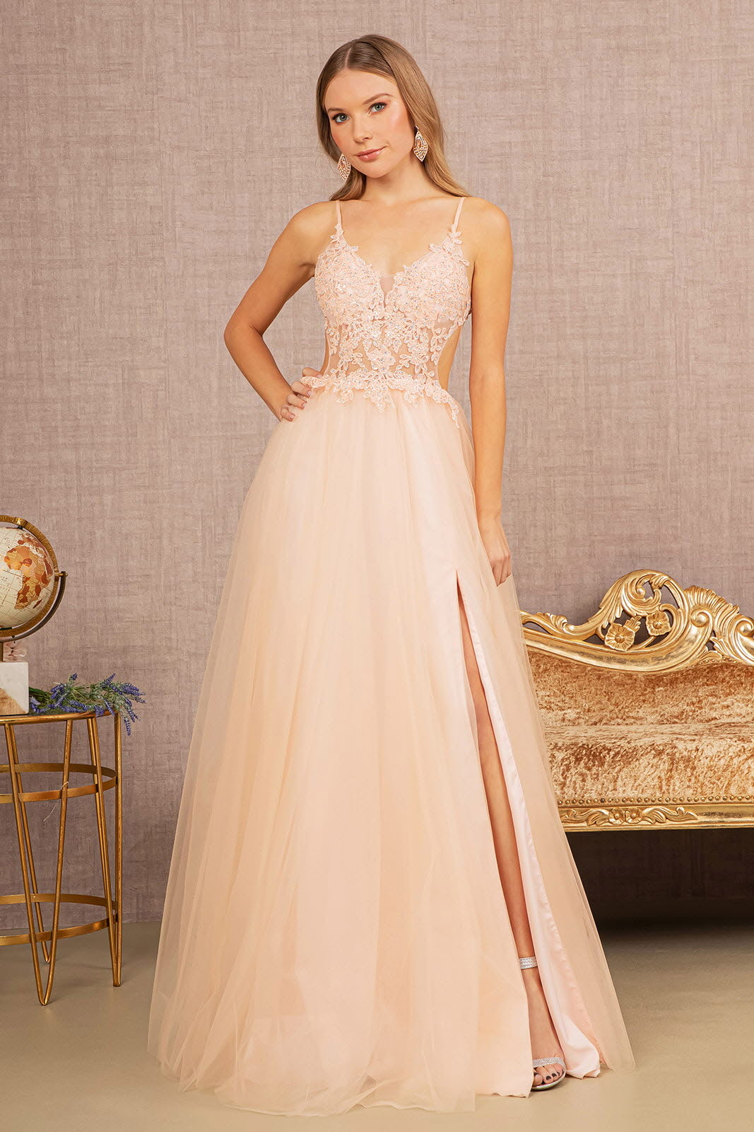 Flower Applique Sheer Front Cut-out Side Mesh A-line Dress GL3152 Elizabeth K RED / 5XL