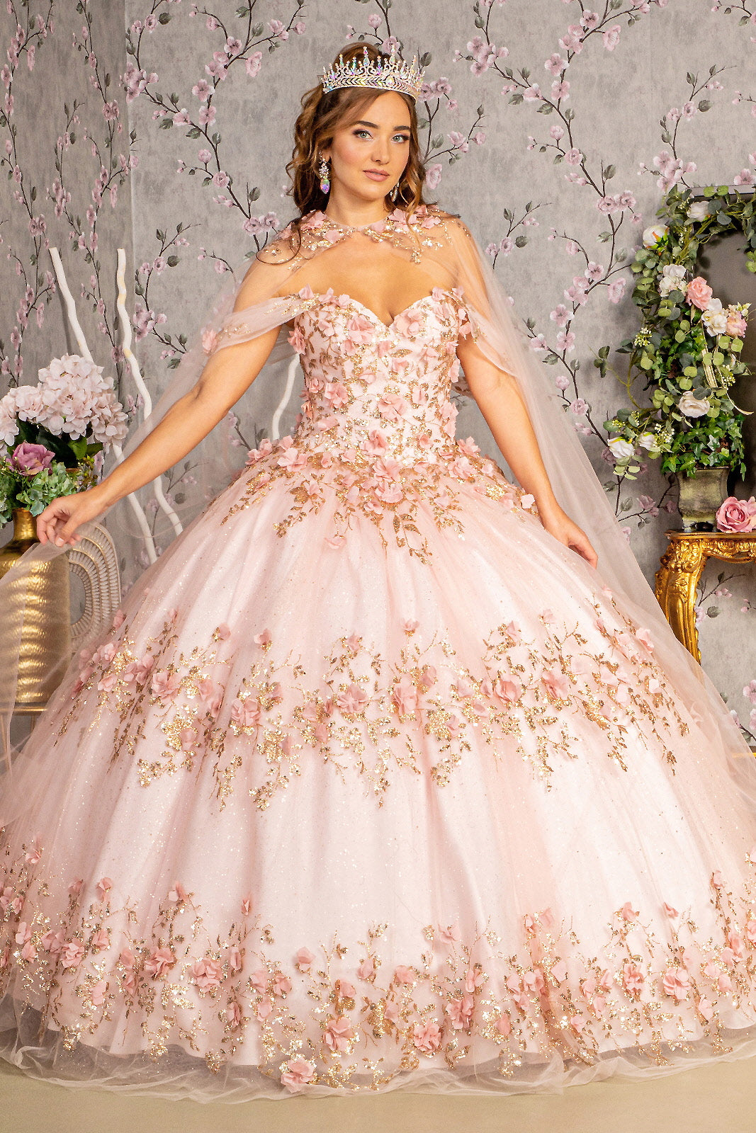 flower applique mesh dress Glitter 3-D Flower Applique Mesh Quinceanera Gown w/ Long Mesh Cape GL3179 Elizabeth K BLUSH / 5XL