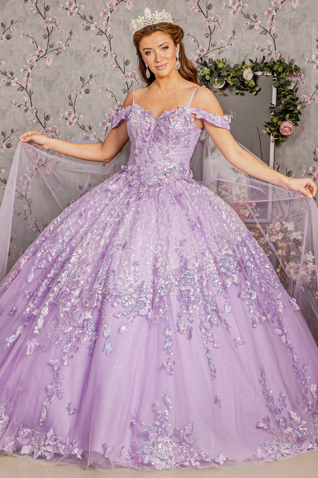 purple quinceanera dresses with butterflies Enchanting Lilac Butterfly Ball Gown - Off the Shoulder Sweetheart Neckline Charmingly detailed with 3D butterfly applique and beadwork Lilac Ophelia Butterfly Quince Dress