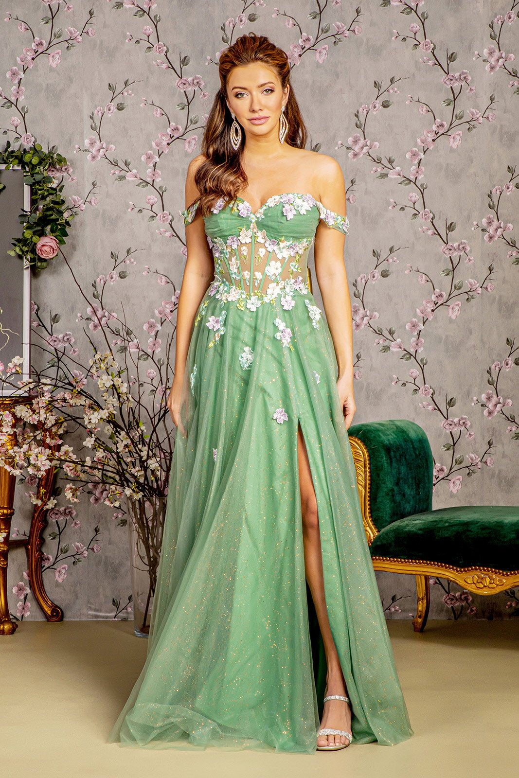 Glitter Jewel Sheer Bodice Off Shoulder Mesh A-line Long Dress GL3227   Abigail's Boutique & Alterations Corp