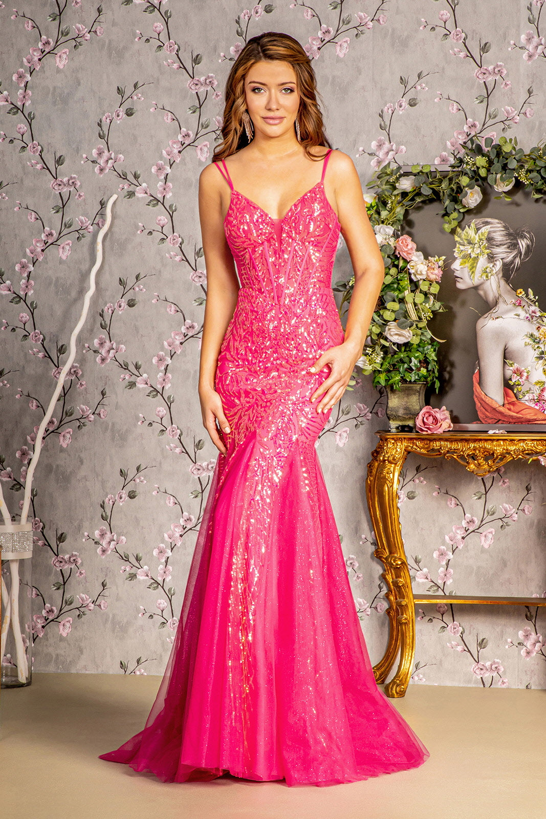 Sequin Print Corset Mermaid Dress by GLS Gloria GL3228 2XL / Hot Pink