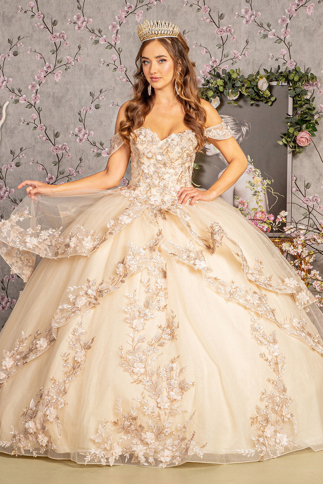 champagne quinceanera dresses off the shoulder GLS by Gloria GL3240 quinceanera dresses | ball gown