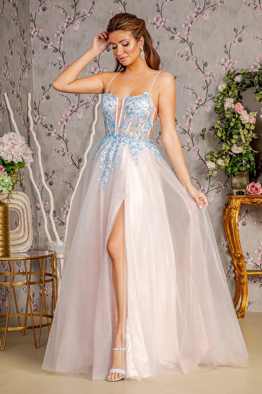 Glitter Sequin Sheer Corset Bodice Mesh A-line Long Dress GL3251 GLS by Gloria BLUE/PEACH / 5XL