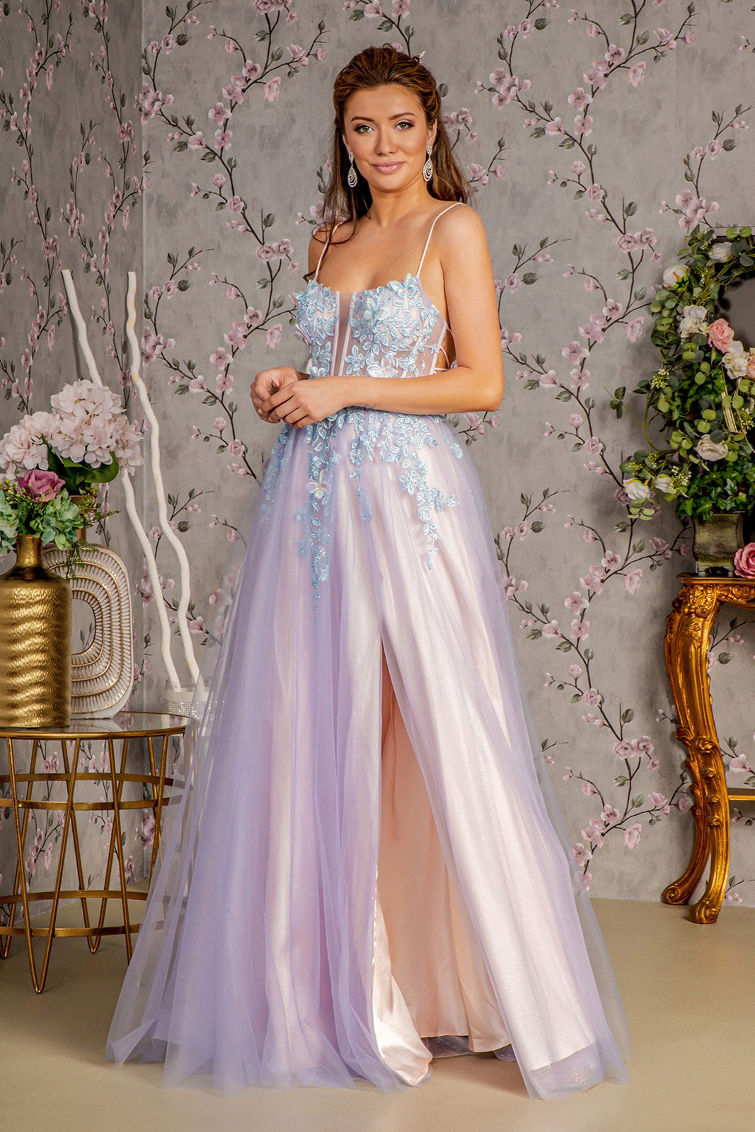 3D Butterfly Sleeveless Two-Tone Gown by GLS Gloria GL3252 M / Smoky Blue/Peach