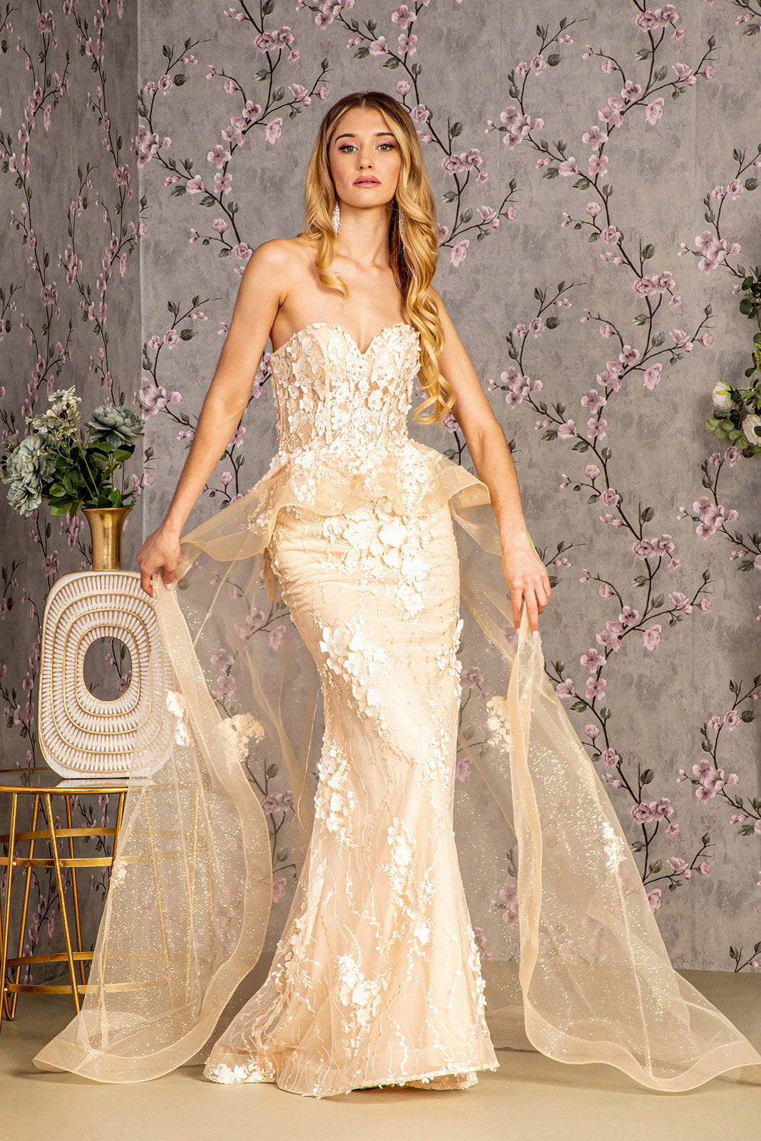 jewel mesh dress Jewel Strapless Mesh Mermaid Long Dress w/ Waist Drape GL3257 GLS by Gloria MAUVE / 2XL