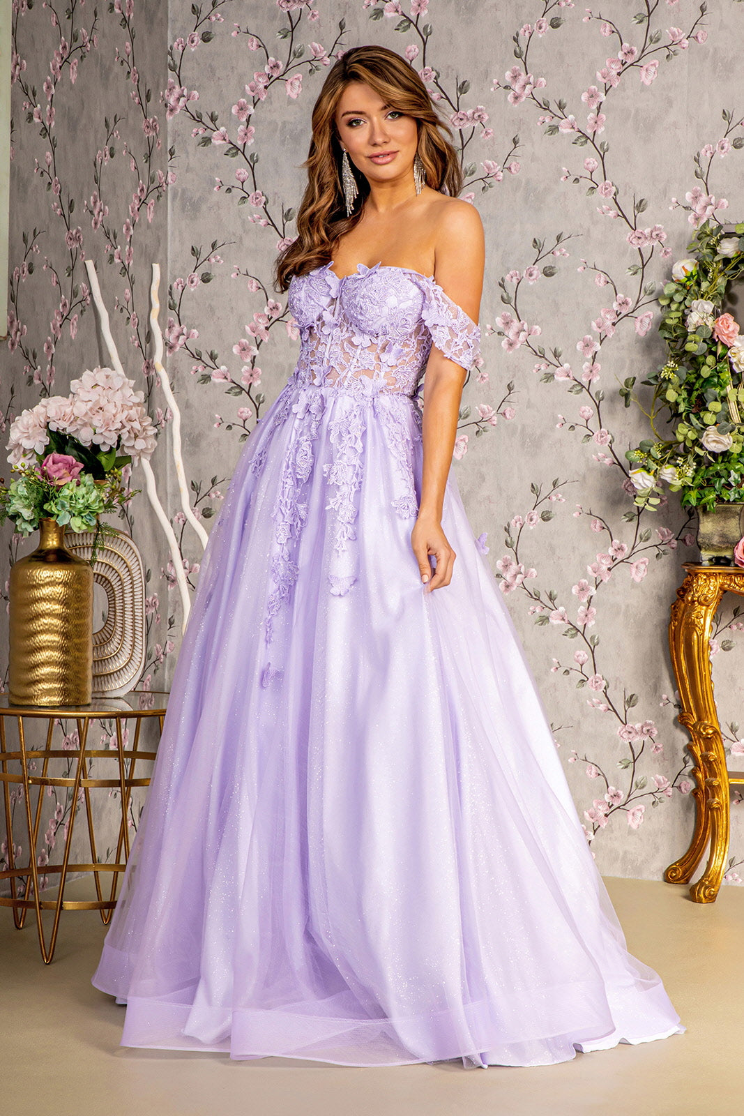 3D Butterfly Off Shoulder Corset Gown by GLS Gloria GL3296 Sage / L 3D Butterfly Off Shoulder Corset Gown by GLS Gloria GL3296 Sage / L