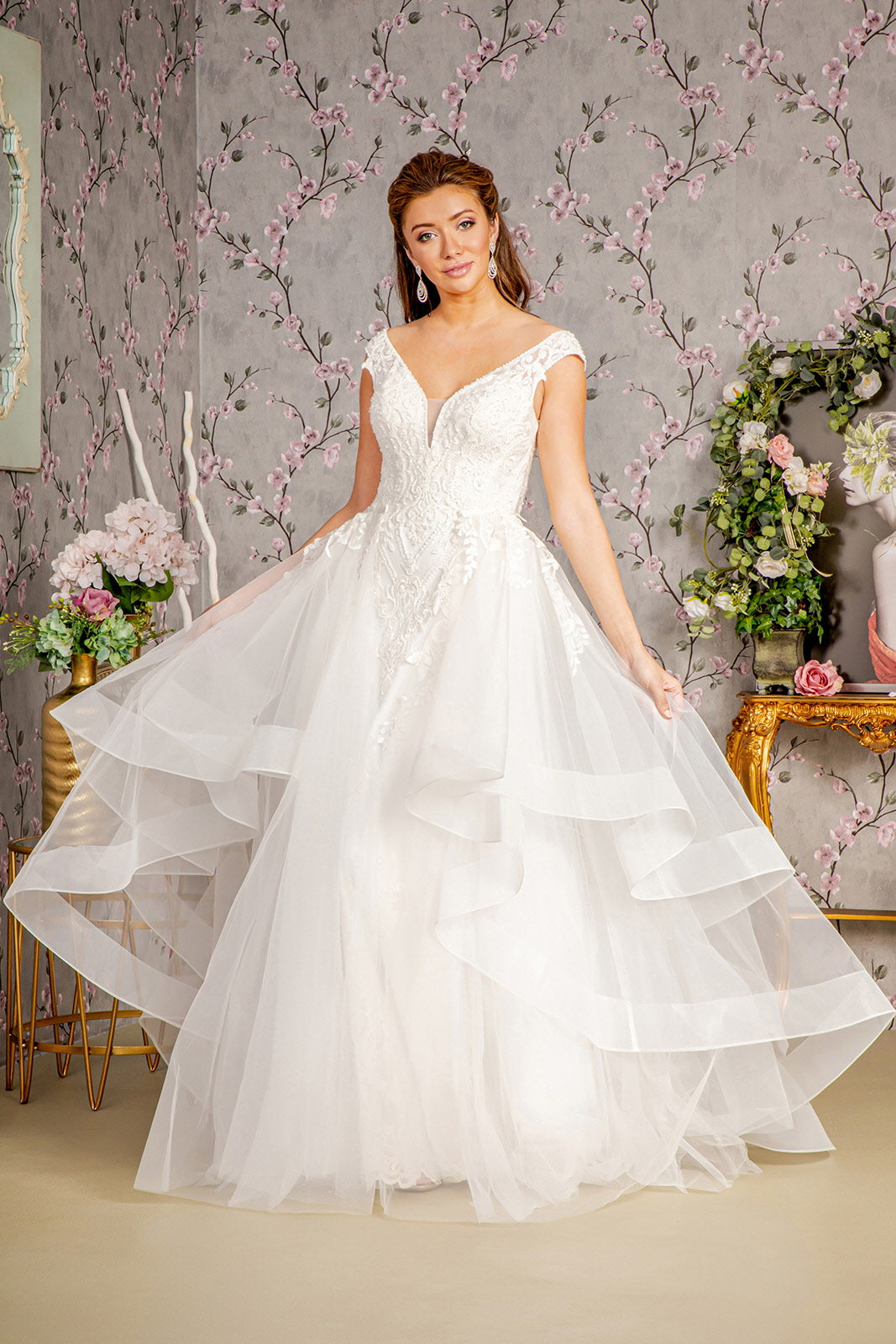 Bead Lace Mermaid Wedding Gown w/ Detachable Waist Layered Drape GL3341 GLS by Gloria IVORY / M Bead Lace Mermaid Wedding Gown w/ Detachable Waist Layered Drape GL3341 GLS by Gloria IVORY / M