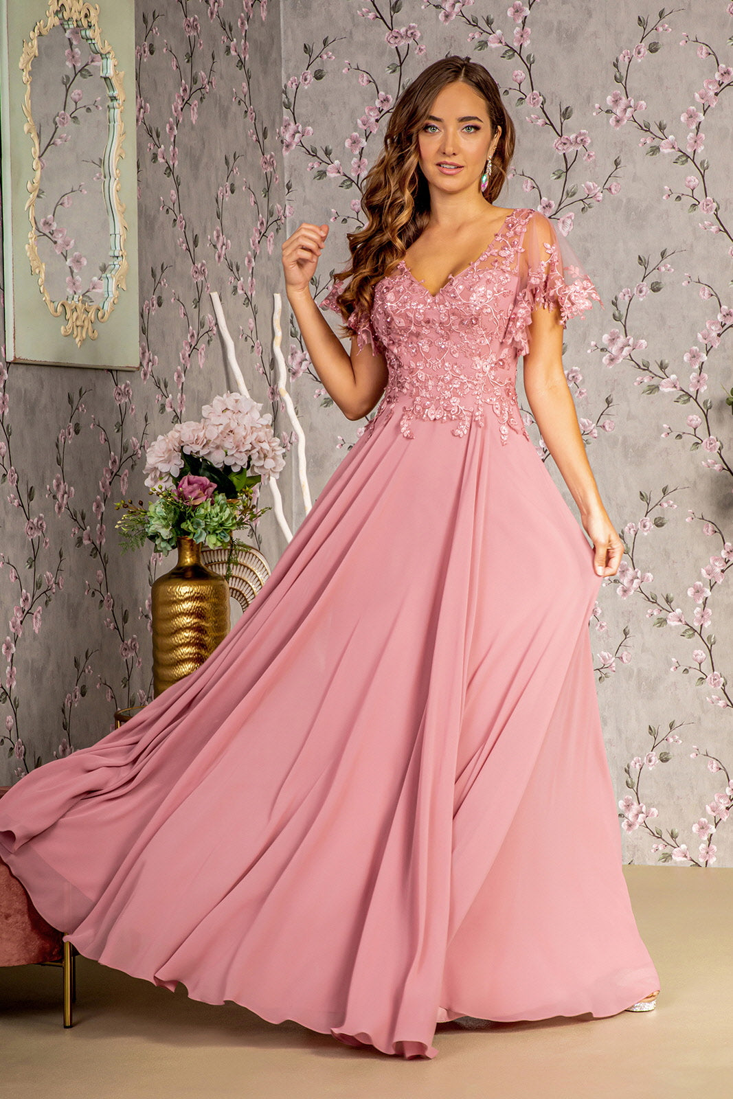 3-D Flower Embroidery Chiffon A-line Long Dress w/ Sheer Short Sleeves –  Abigail's Boutique & Alterations Corp