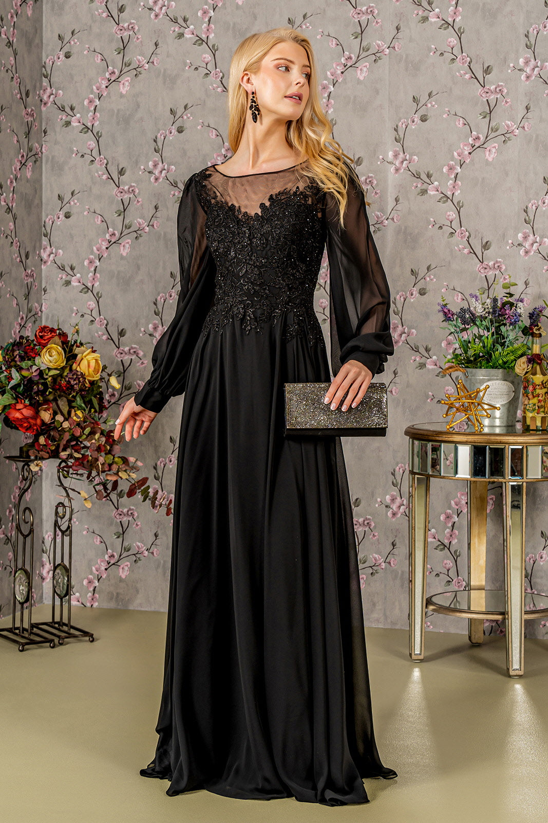 fitted lace wedding dress Embroidered Long Sleeve A-Line Gown by GLS Gloria GL3363 Black / S