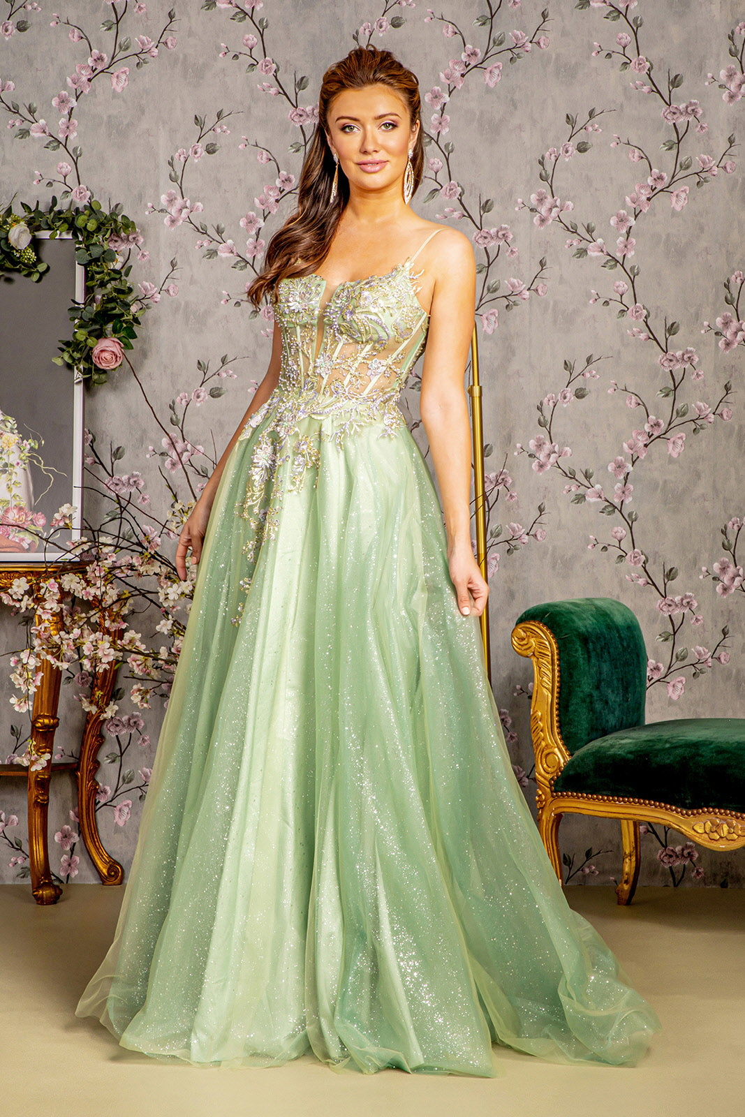 3-D Flower Jewel Sheer Corset Bodice Mesh A-line Long Dress GL3377 GLS Abigail's Boutique & Alterations Corp 3-D Flower Jewel Sheer Corset Bodice Mesh A-line Long Dress GL3377 GLS Abigail's Boutique & Alterations Corp