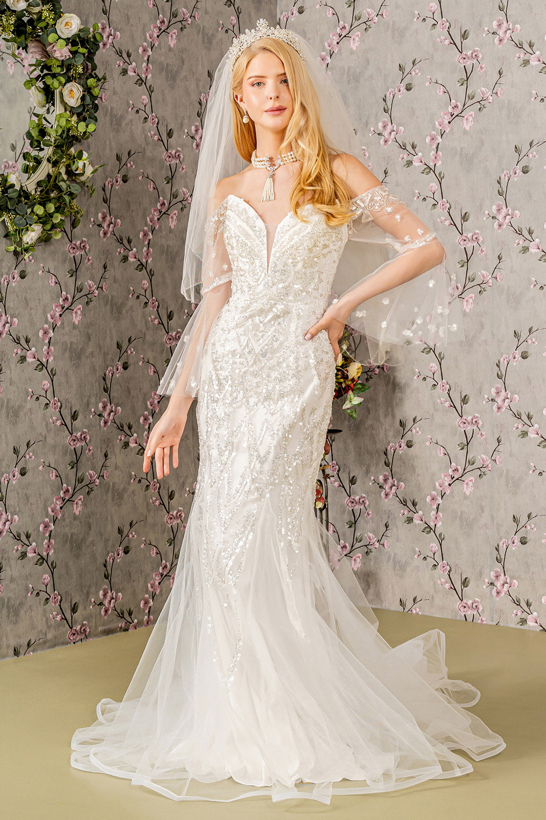 Long Beaded Sequin Mermaid Wedding Gown