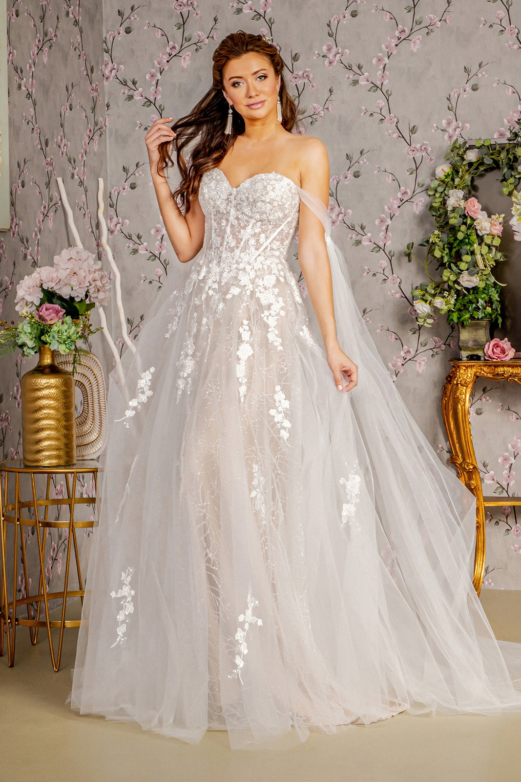 white dress floral embroidery GLS by Gloria Bridal GL3428 - Long Mesh A-Line Dress