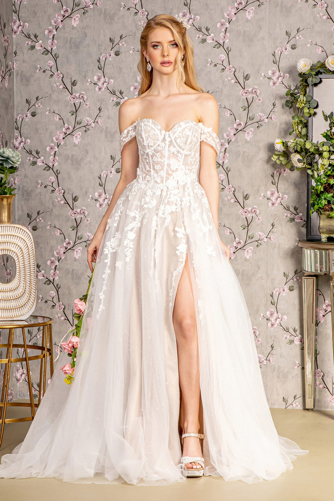 Off Shoulder A-line Slit Bridal Gown by GLS Gloria GL3429 XS / Ivory/Champagne Off Shoulder A-line Slit Bridal Gown by GLS Gloria GL3429 XS / Ivory/Champagne