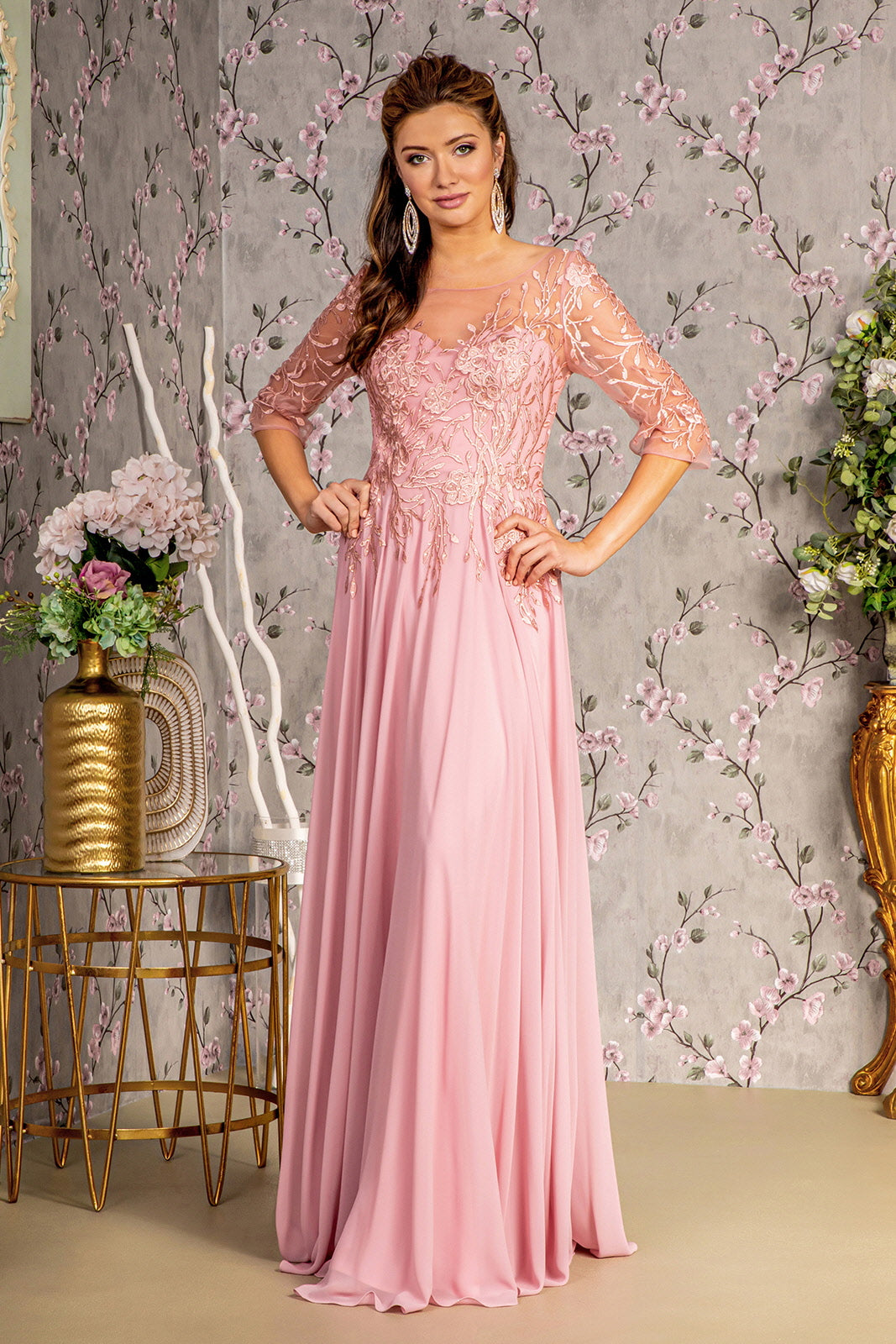 Bead Embroidery Sheer Neckline V-back Chiffon A-line Long Dress GL3445 Abigail's Boutique & Alterations Corp Bead Embroidery Sheer Neckline V-back Chiffon A-line Long Dress GL3445 Abigail's Boutique & Alterations Corp