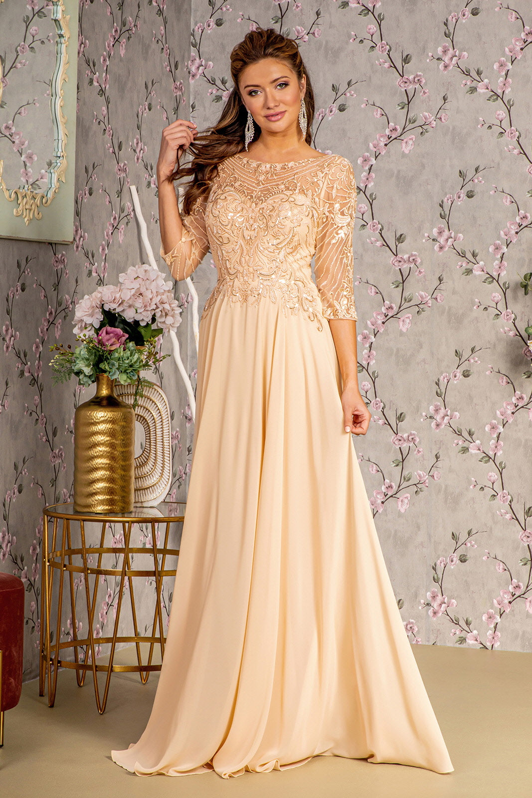 Sequin Embroidered 3/4 Sleeve Gown by GLS Gloria GL3446 - Champagne / M Sequin Embroidered 3/4 Sleeve Gown by GLS Gloria GL3446 - Champagne / M