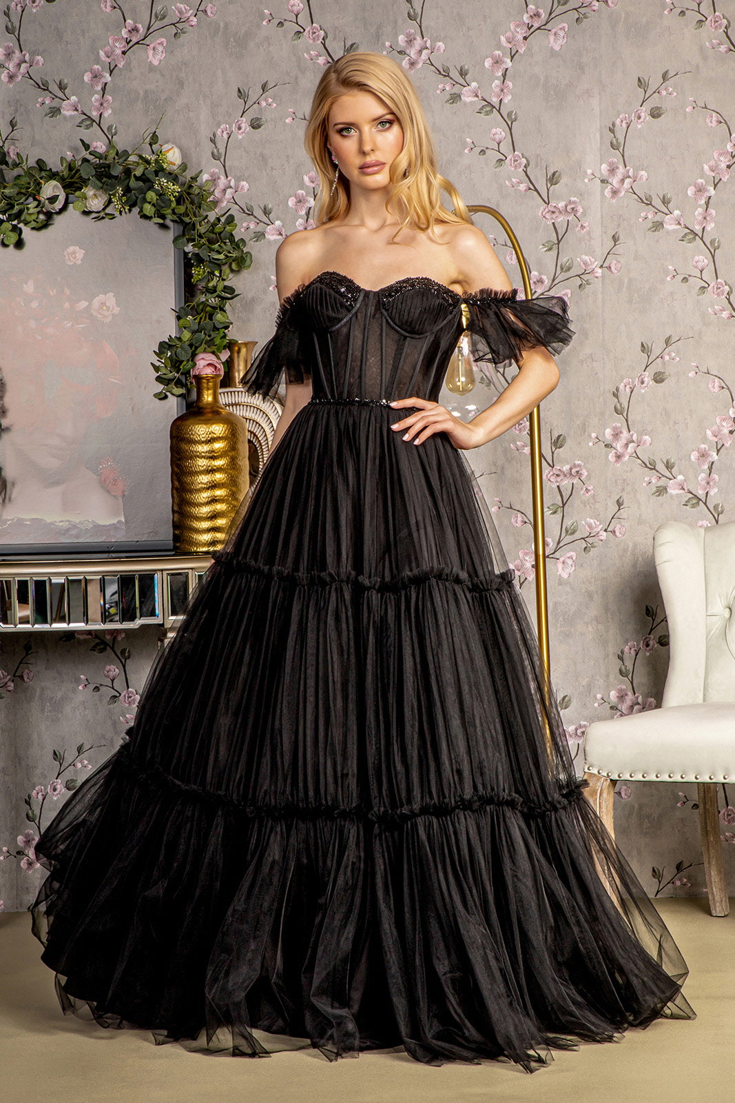 black off the shoulder a line dress Off-Shoulder Tulle Floral Embellished A-Line Black Wedding Dress Loveiss
