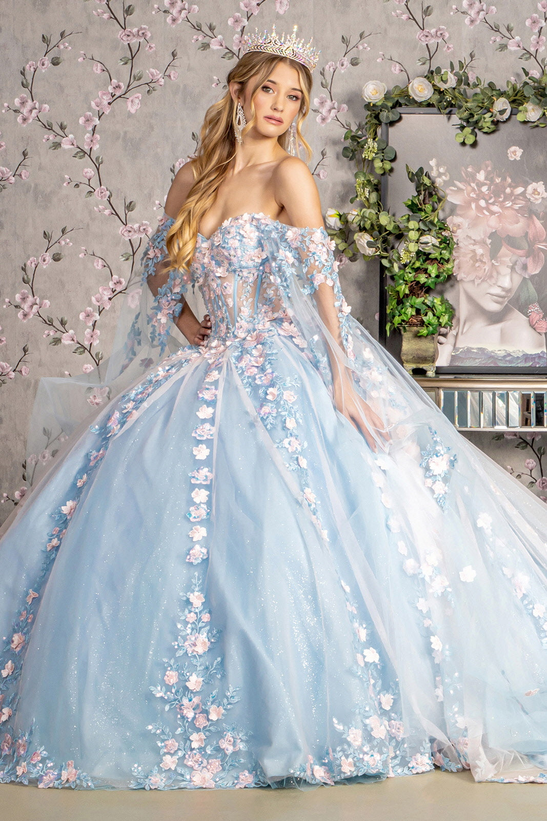 Off Shoulder Cape Sleeve Ball Gown by GLS Gloria GL3468 Baby Blue / 2XL