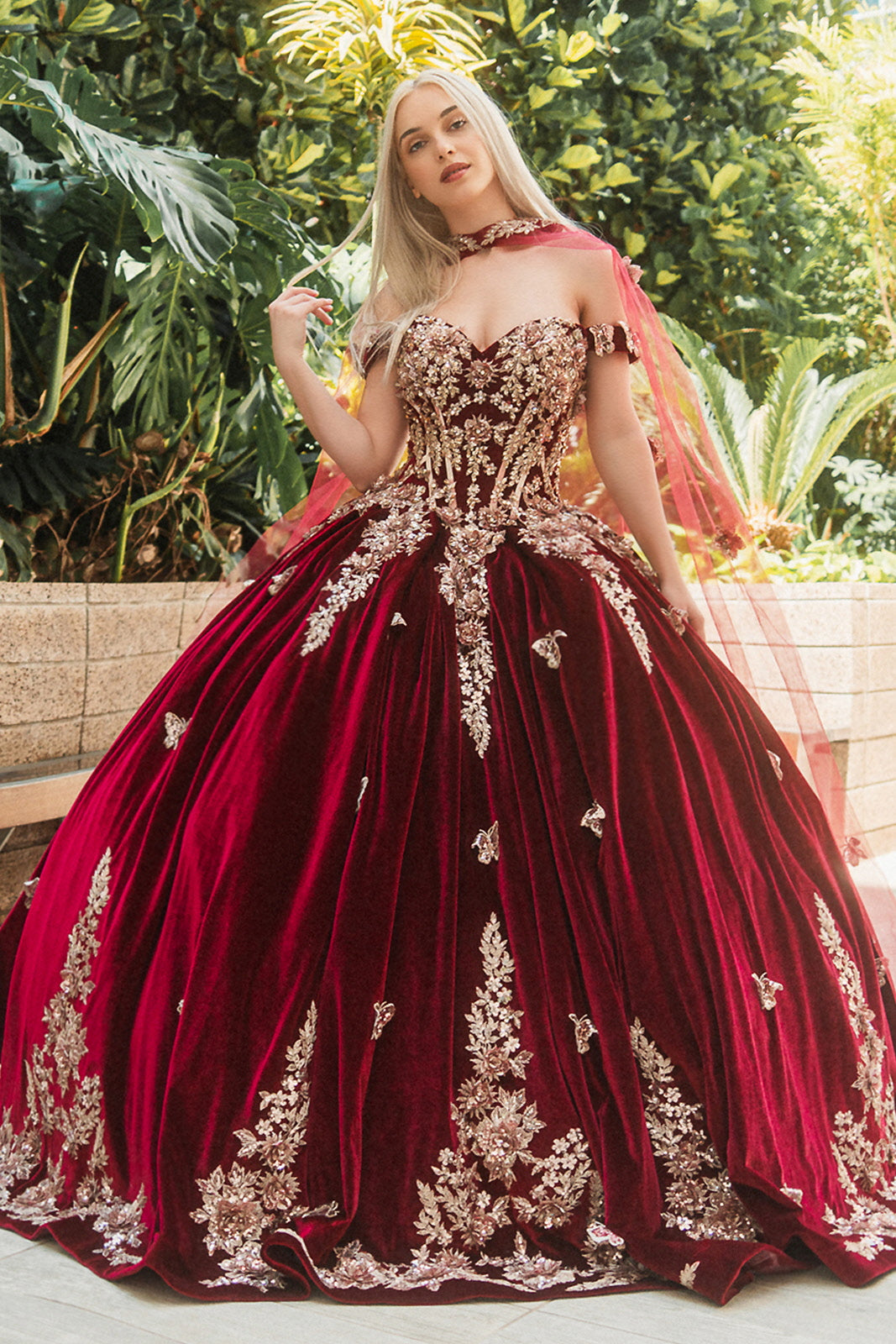 Metallic Embroidery Jewel Velvet Ball Gown w/ Long Mesh Cape GL3471 GLS by Gloria Navy / L