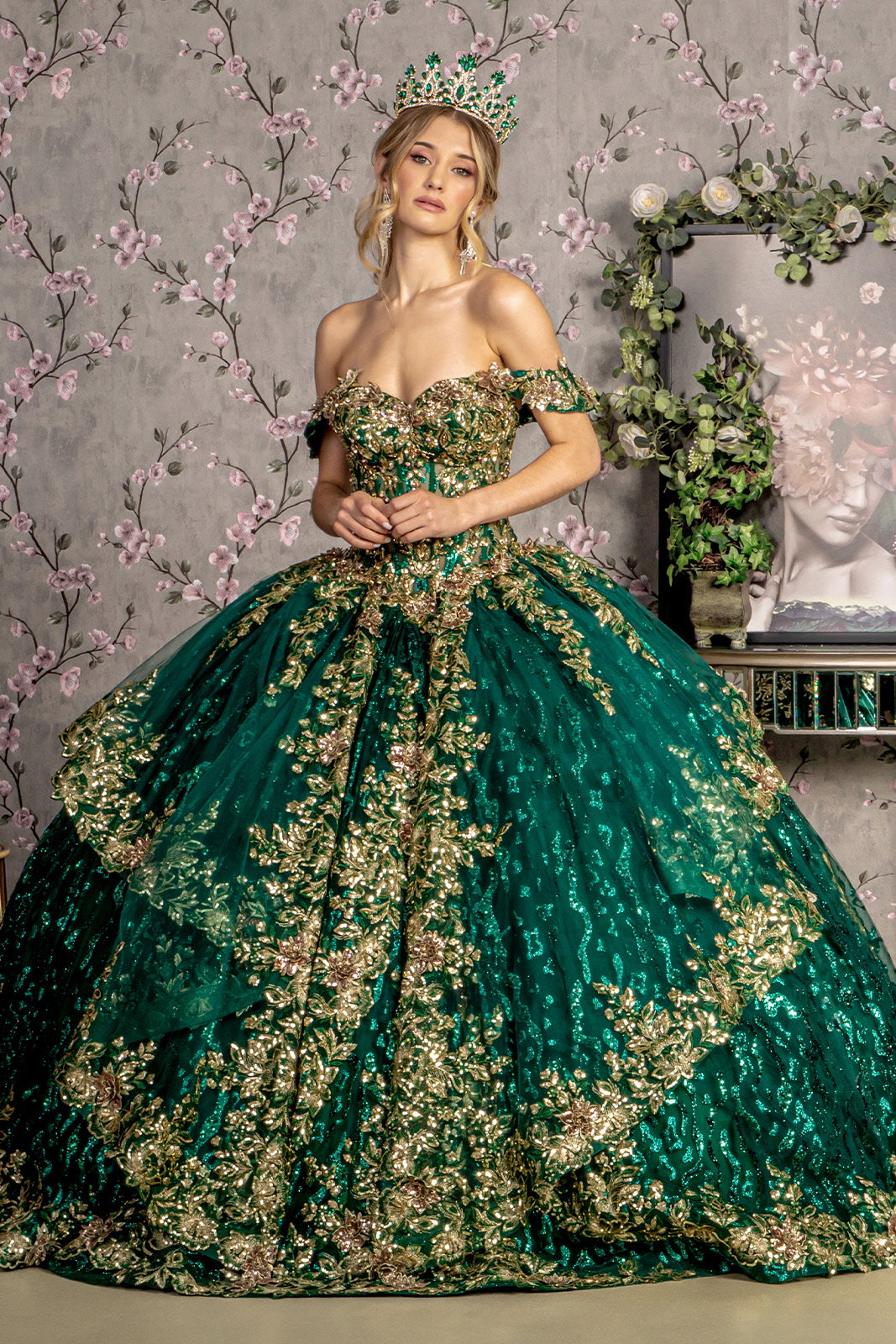 Metallic Embroidery Sheer Bodice Jewel Mesh Ball Gown GL3477 GLS by Gloria Green / 5XL Metallic Embroidery Sheer Bodice Jewel Mesh Ball Gown GL3477 GLS by Gloria Green / 5XL