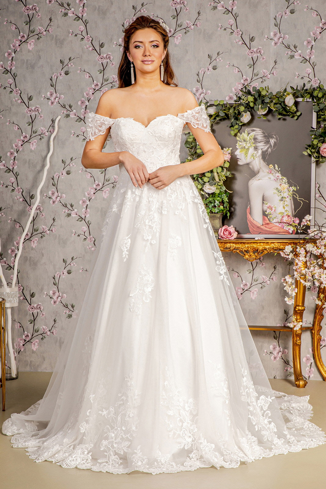 Jewel Embroidery Off Shoulder Mesh A-line Wedding Gown GL3481 GLS by Gloria Jewel Embroidery Off Shoulder Mesh A-line Wedding Gown GL3481 GLS by Gloria