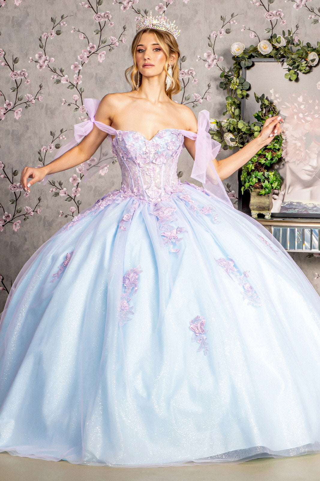 3-D Butterfly Jewel Sheer Bodice Mesh Ball Gown w/ Tied Sleeves GL3482 GLS by Gloria Lilac/Blue / 5XL