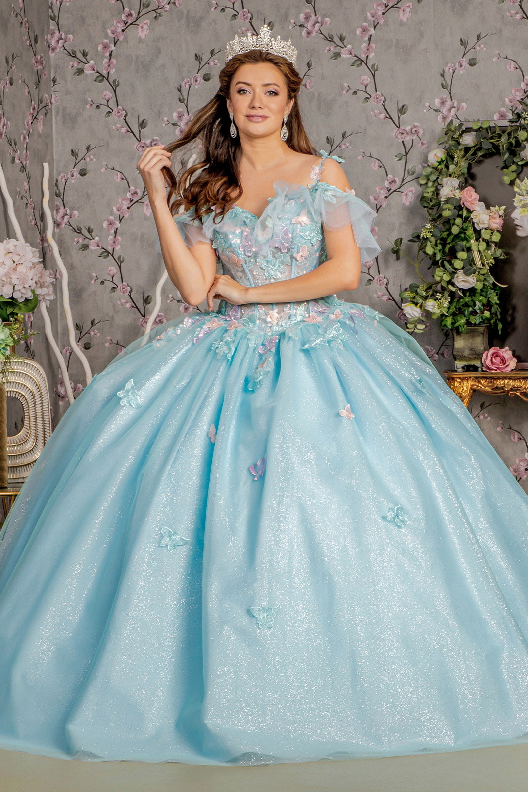 glitter butterfly dress 3D Butterfly Bell Sleeve Ball Gown by GLS Gloria GL3318 XL / Gray