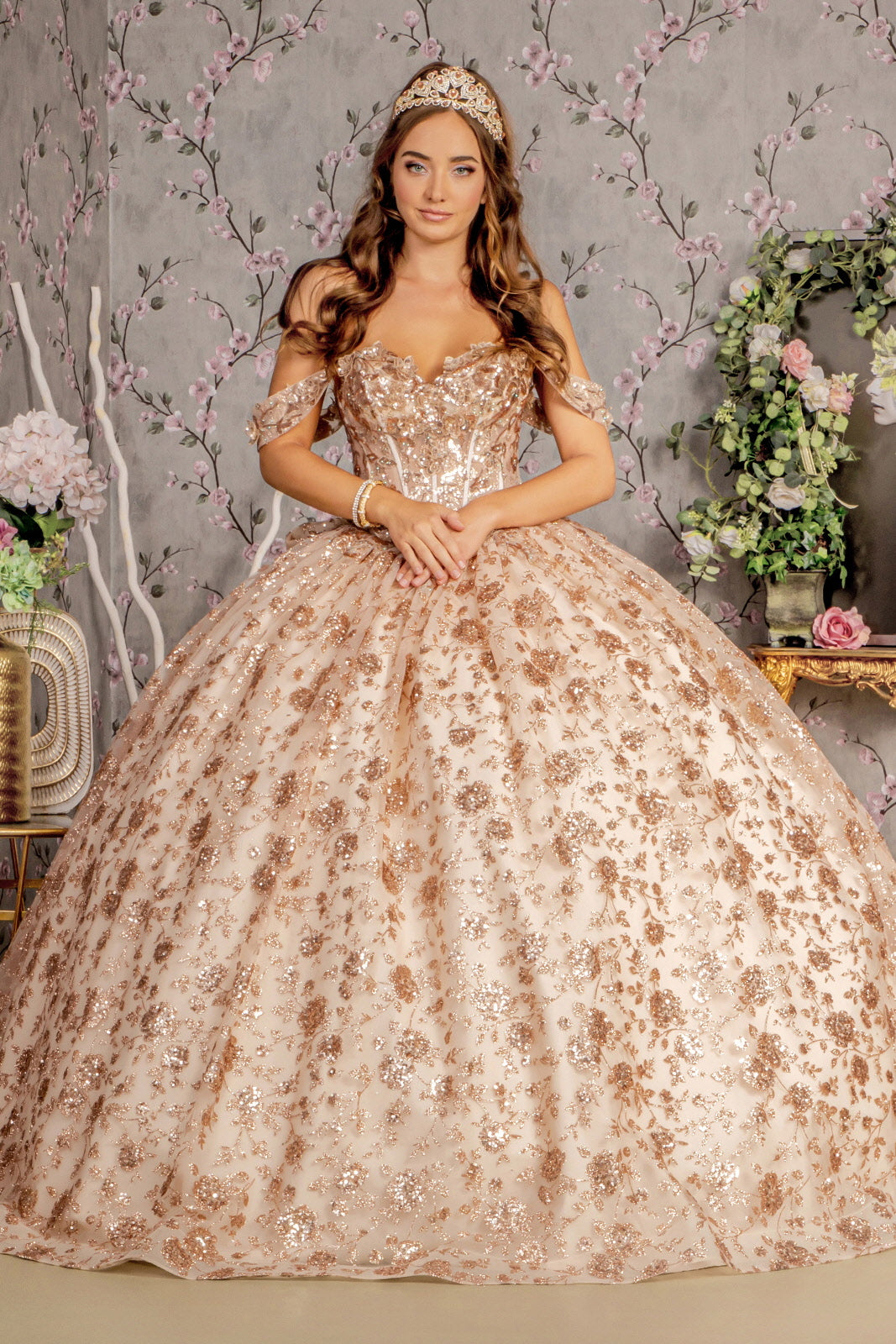 Glitter Print Off Shoulder Corset Ball Gown by GLS Gloria GL3485 - 2XL / Champagne/Gold Glitter Print Off Shoulder Corset Ball Gown by GLS Gloria GL3485 - 2XL / Champagne/Gold