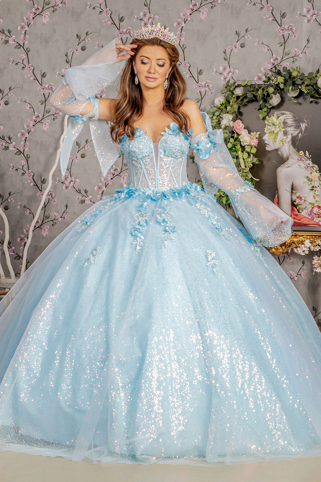 jewel mesh dress 3-D Flower Jewel Sheer Bodice Mesh Ball Gown Long Sleeves GLGL3486