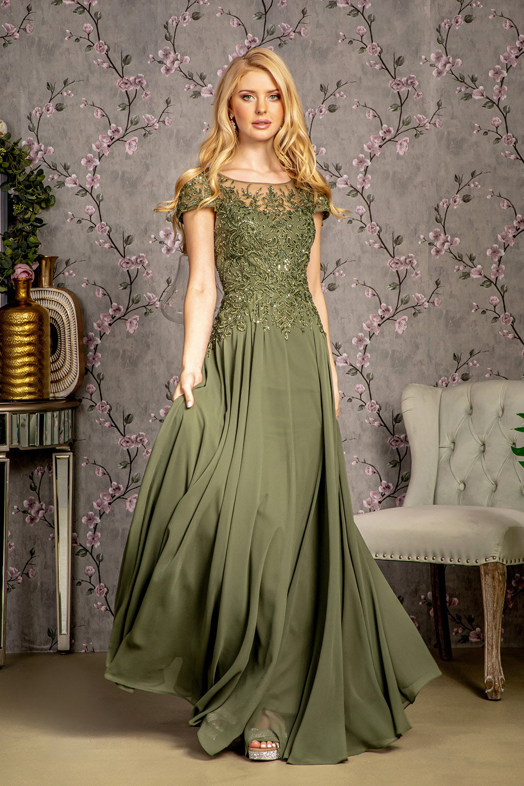 Embroidery Bead Sheer Bodice A-line Chiffon Long Dress GL3491 GLS by Gloria OLIVE / 3XL