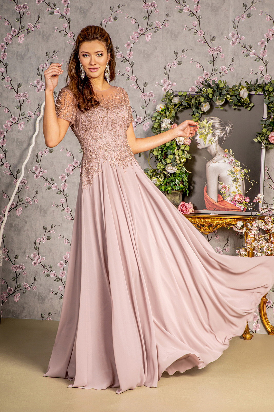 Beaded Chiffon Short Sleeve Gown by GLS Gloria GL3492 XL / Mauve Beaded Chiffon Short Sleeve Gown by GLS Gloria GL3492 XL / Mauve