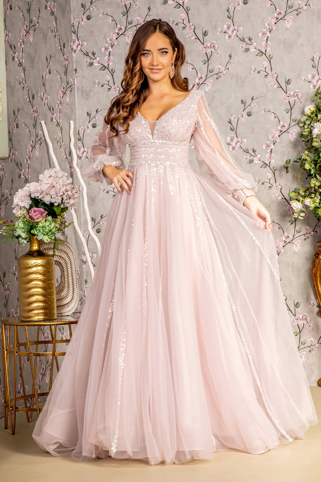 boutique beaded cap sleeve maxi dress Bead Sequin Mesh A-line Long Dress w/ Sheer Puff Sleeves GL3495 GLS by Gloria SAGE GREEN / 5XL
