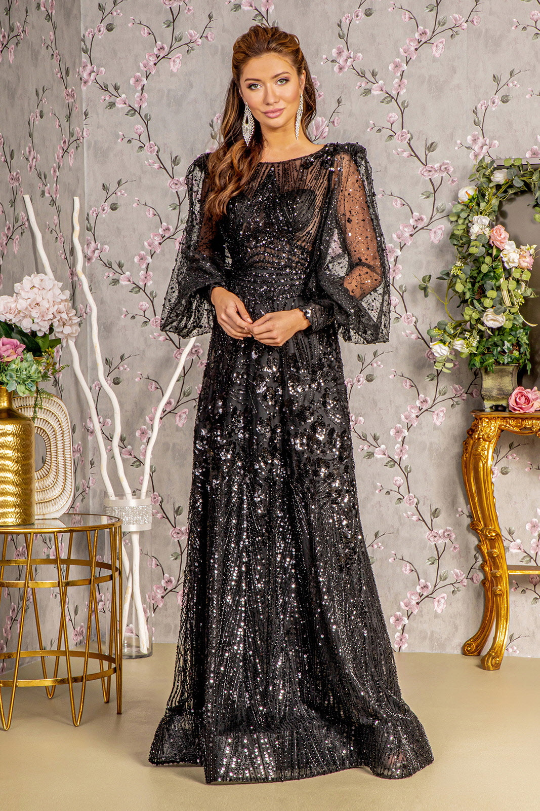 Bead Sheer Bodice Mesh A-line Long Dress w/ Sheer Puff Sleeves GL3497 GLS by Gloria Black / 5XL