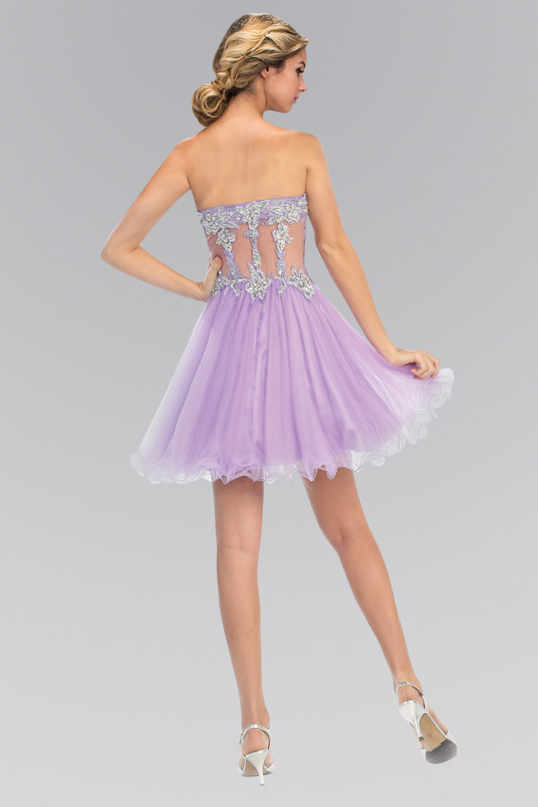 embellished tulle mini dress Strapless Sweetheart Bead and Sequin Embellished Tulle Short Dress with Sheer Waistline GS1106 Elizabeth K LILAC / XL