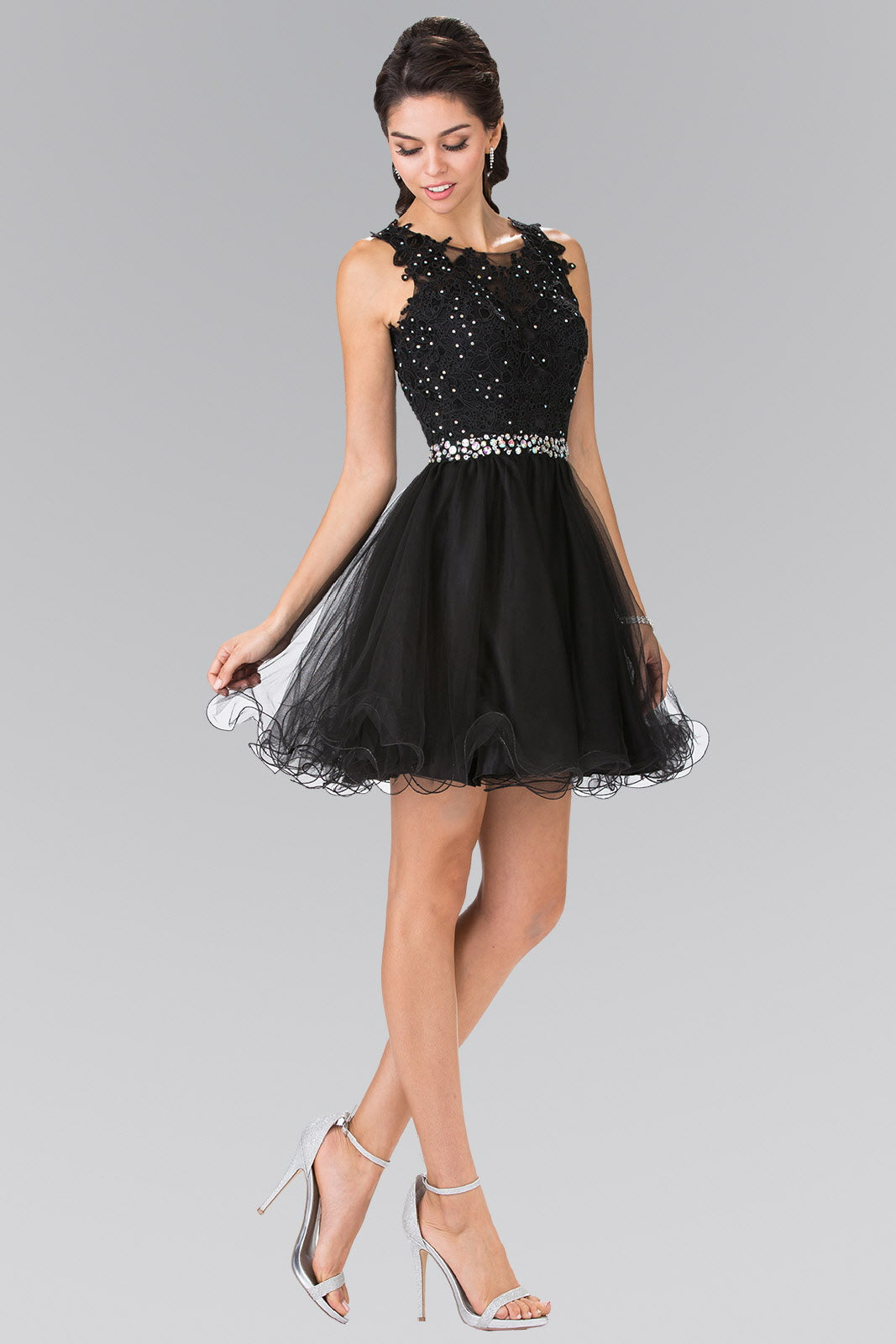 Lace Illusion Top A-line Short Dress with Beaded Waist GS2375 Elizabeth K SNOW White / 5XL