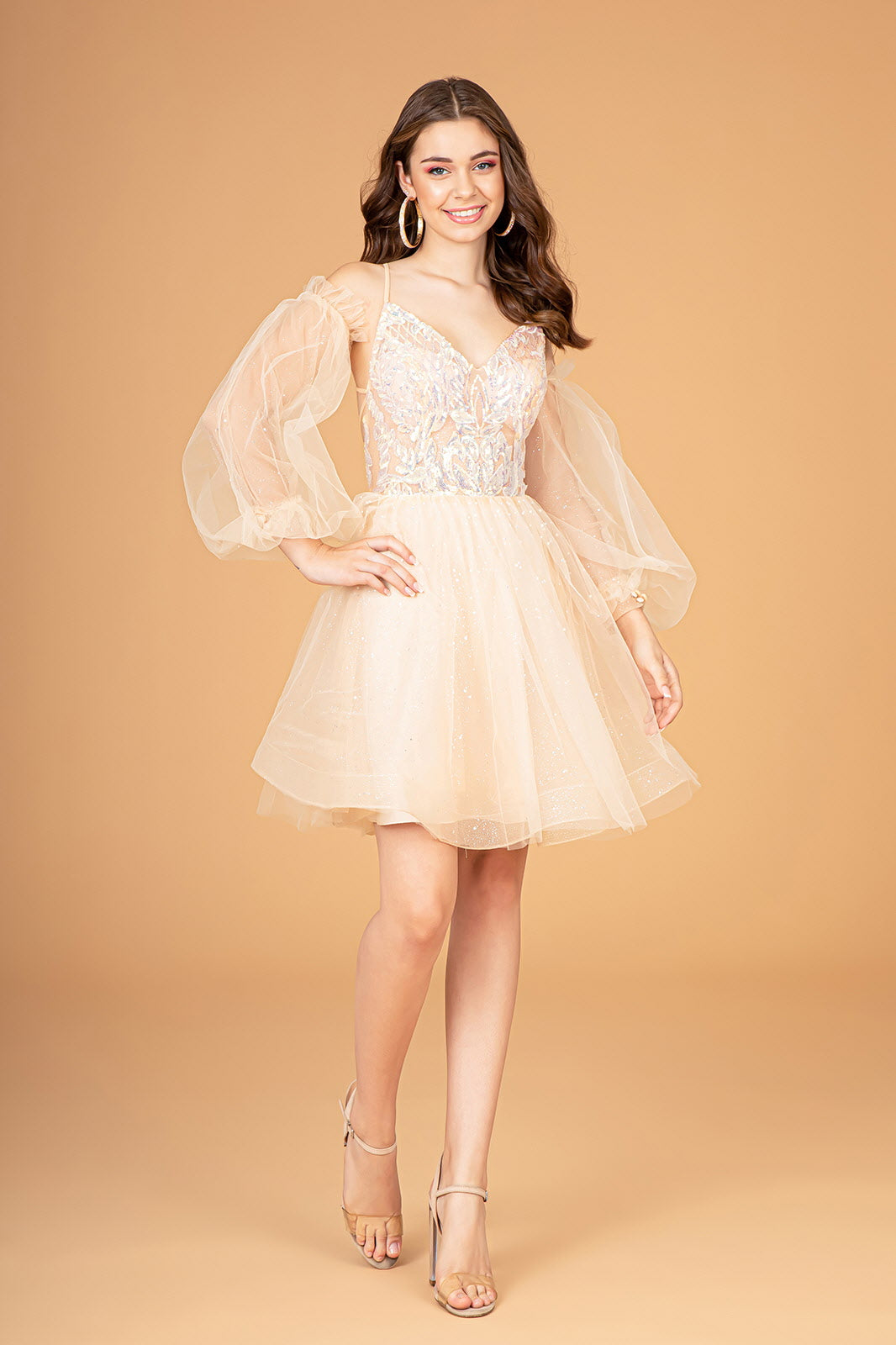 short dress with sheer long skirt LaDivine CD0187W Tea Length A Line Glitter Print Wedding Dress
