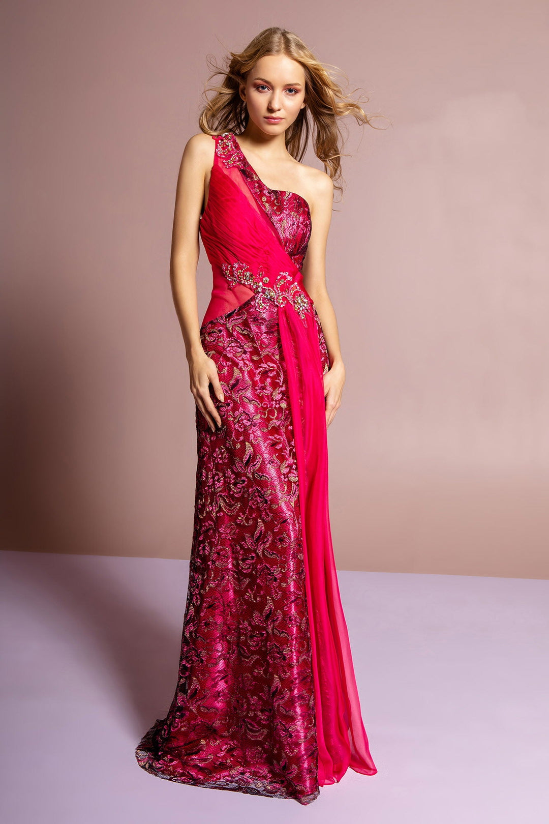One Shoulder Lace Long Dress with Beaded Waist and Chiffon Overlay GL1095 Elizabeth K Royal Blue / 5XL One Shoulder Lace Long Dress with Beaded Waist and Chiffon Overlay GL1095 Elizabeth K Royal Blue / 5XL