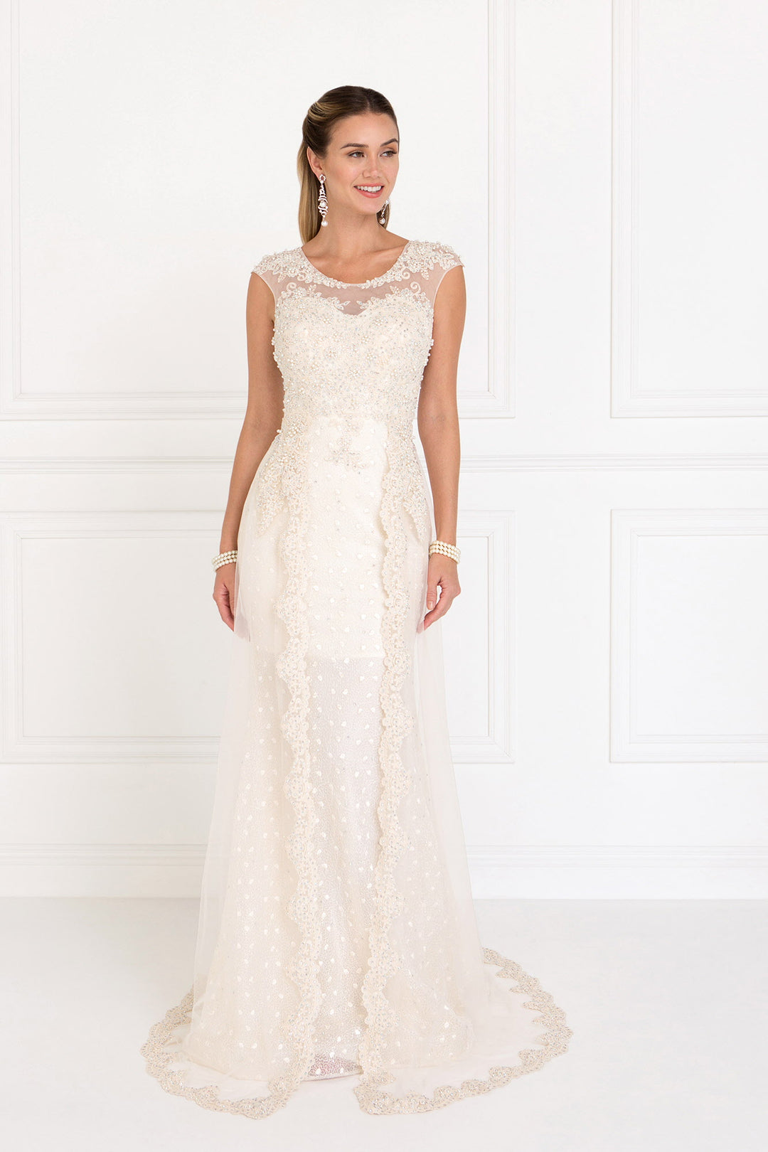 Lace A-Line Long Dress with Tulle Overlay GL1539 Elizabeth K BLUSH / XS Lace A-Line Long Dress with Tulle Overlay GL1539 Elizabeth K BLUSH / XS