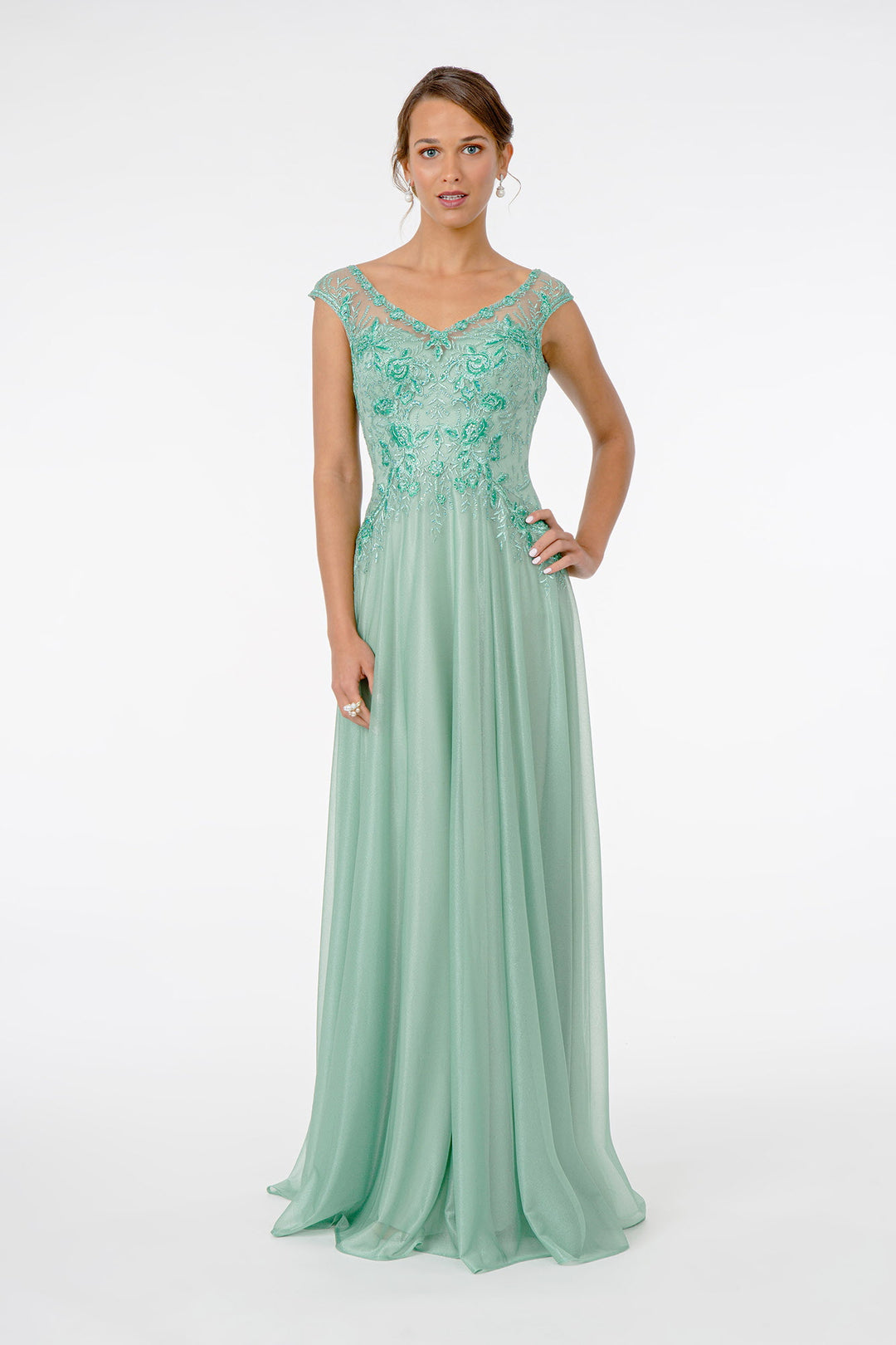 Embroidered Bodice V-Neck Long Formal Dress - Mint / L Embroidered Bodice V-Neck Long Formal Dress - Mint / L
