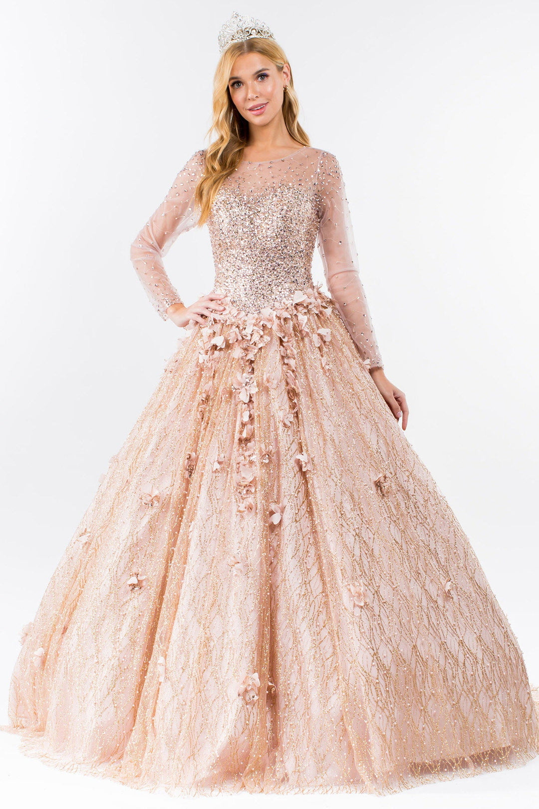 Glitter and Sequin Embellished Bodice Mesh Long Sleeve Quinceanera Dress GL1963 Elizabeth K ROSE GOLD / 2XL Glitter and Sequin Embellished Bodice Mesh Long Sleeve Quinceanera Dress GL1963 Elizabeth K ROSE GOLD / 2XL